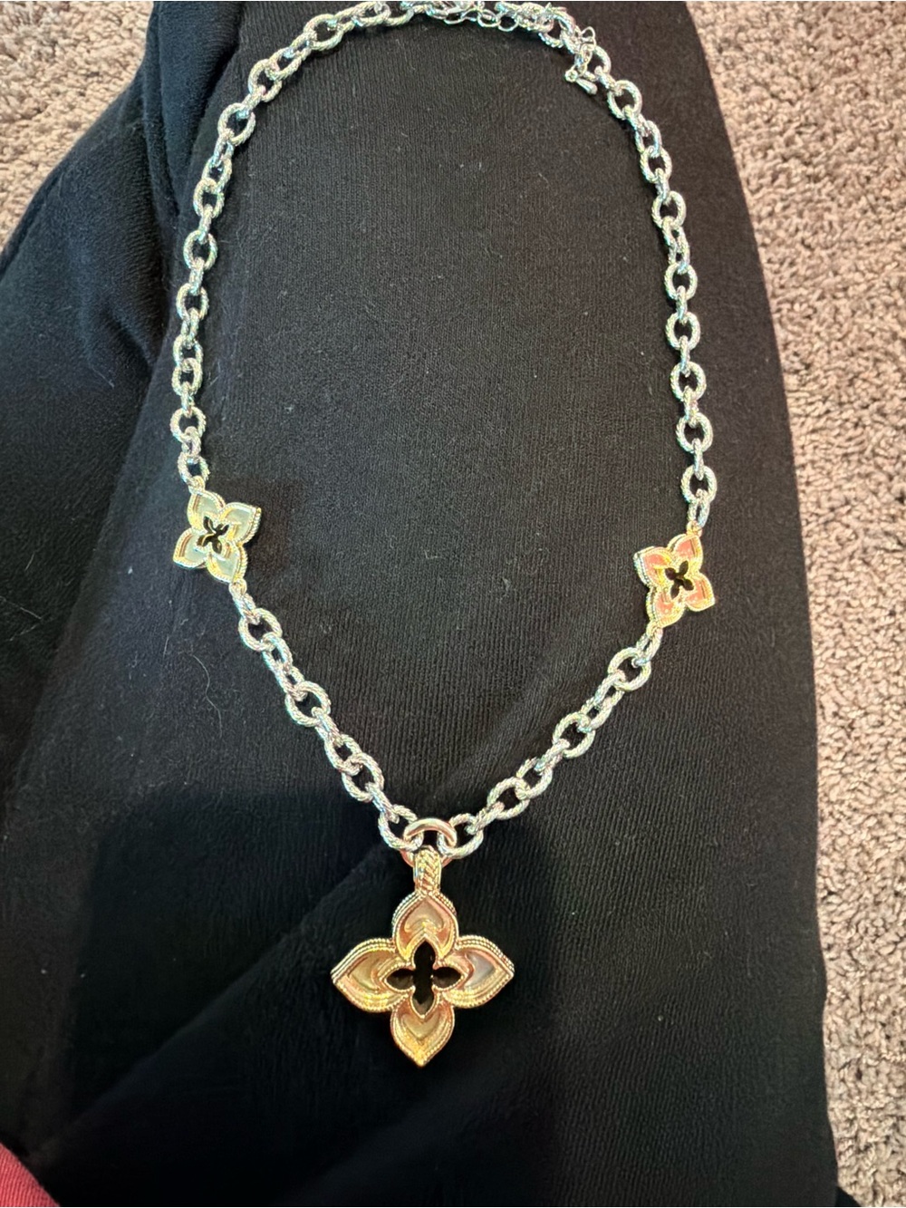 Fashion Designer Inspired Two-Tone Necklace with Iridescent Floral Pendant - Picture 2 of 3